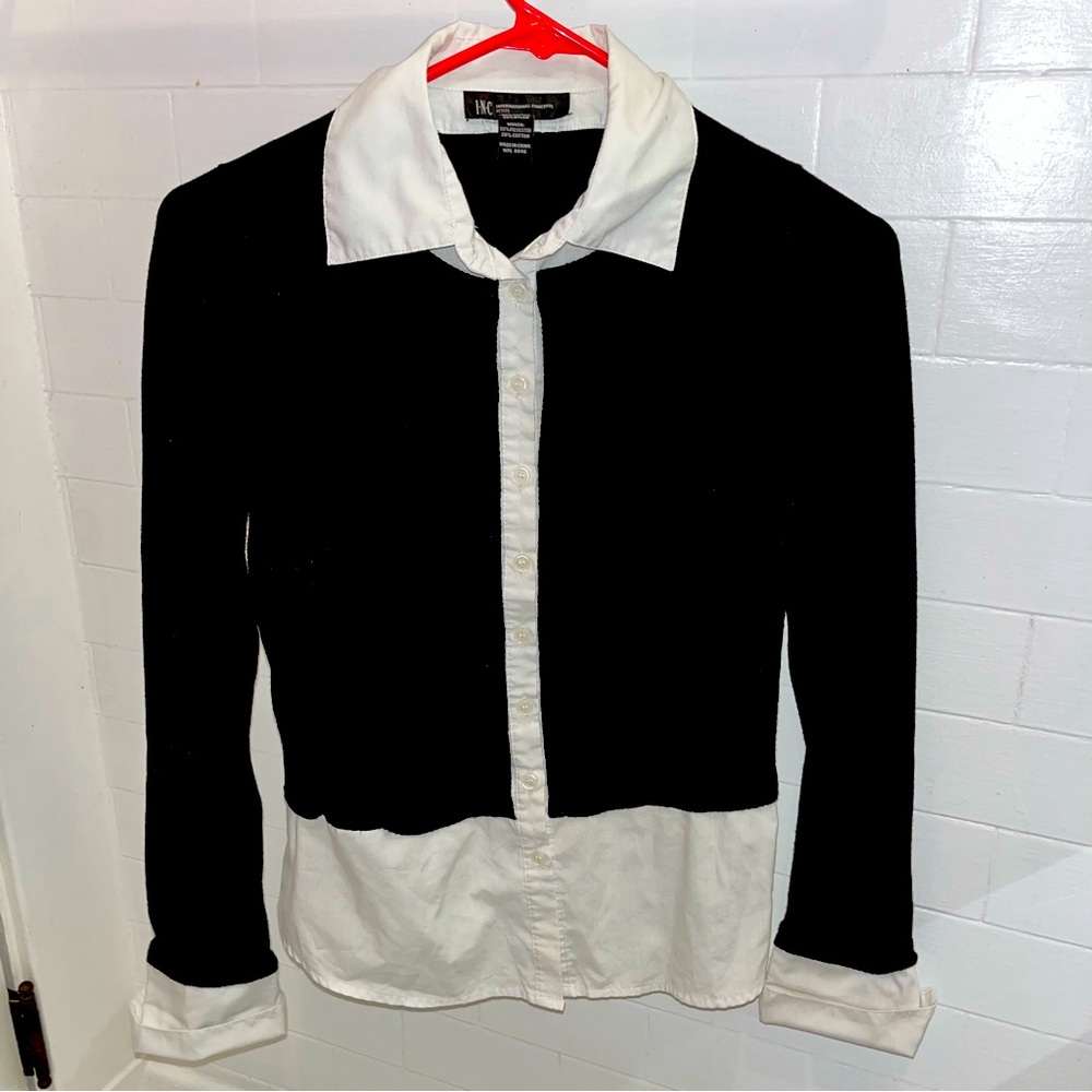 INC International Concepts Petite Black Sweater Layered with White Button Up